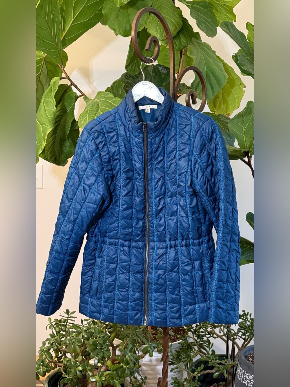 CAbi Poseidon Puffer Jacket, Royal Blue Quilted Full Zip Drawstring Waist, Medi